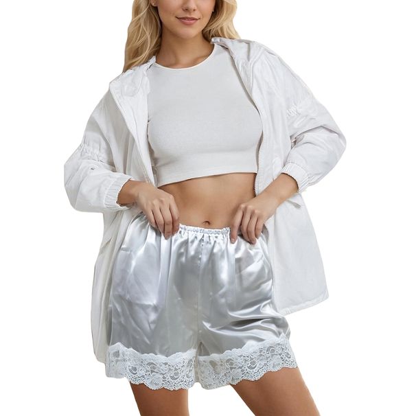 Women Satin Shorts Lace Trim Mini Micro Shorts Pajamas Shorts Elastic Waist Pj Bottoms Kawaii Harajuku Sleepwear Pyjama_ecoleips.com