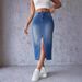 Cross-border 2024 European And American Fashion Trend Blue Denim With Slit, Bodycon A-line Long Skirt_ecoleips.com