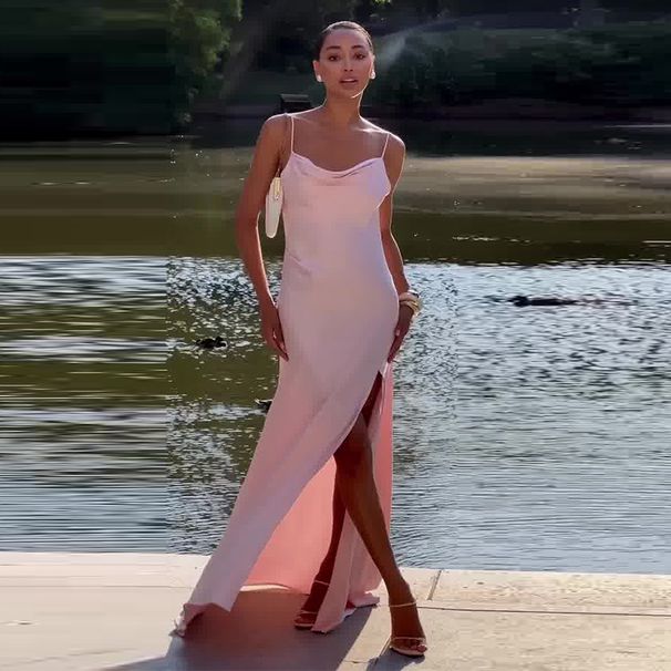 Elegant Solid Color Spliced Tie-Waist Long Maxi Dress With Adjustable Straps - Flattering A-Line Silhouette For Women_ecoleips.com