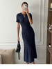 Elegant French Sequin Knit Maxi Dress Women Round Neck Cinched Waist Short Sleeve Button Detail Robe Summer Party Evening Gown_ecoleips.com