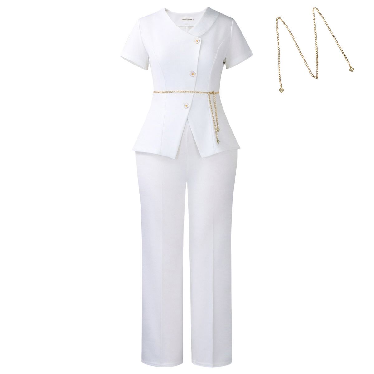Women's Elegant V-Neck Blouse And Wide-Leg Trousers Set Chain Detail Stretchy Polyester Spandex Summer Office Wear Business Casual_ecoleips.com