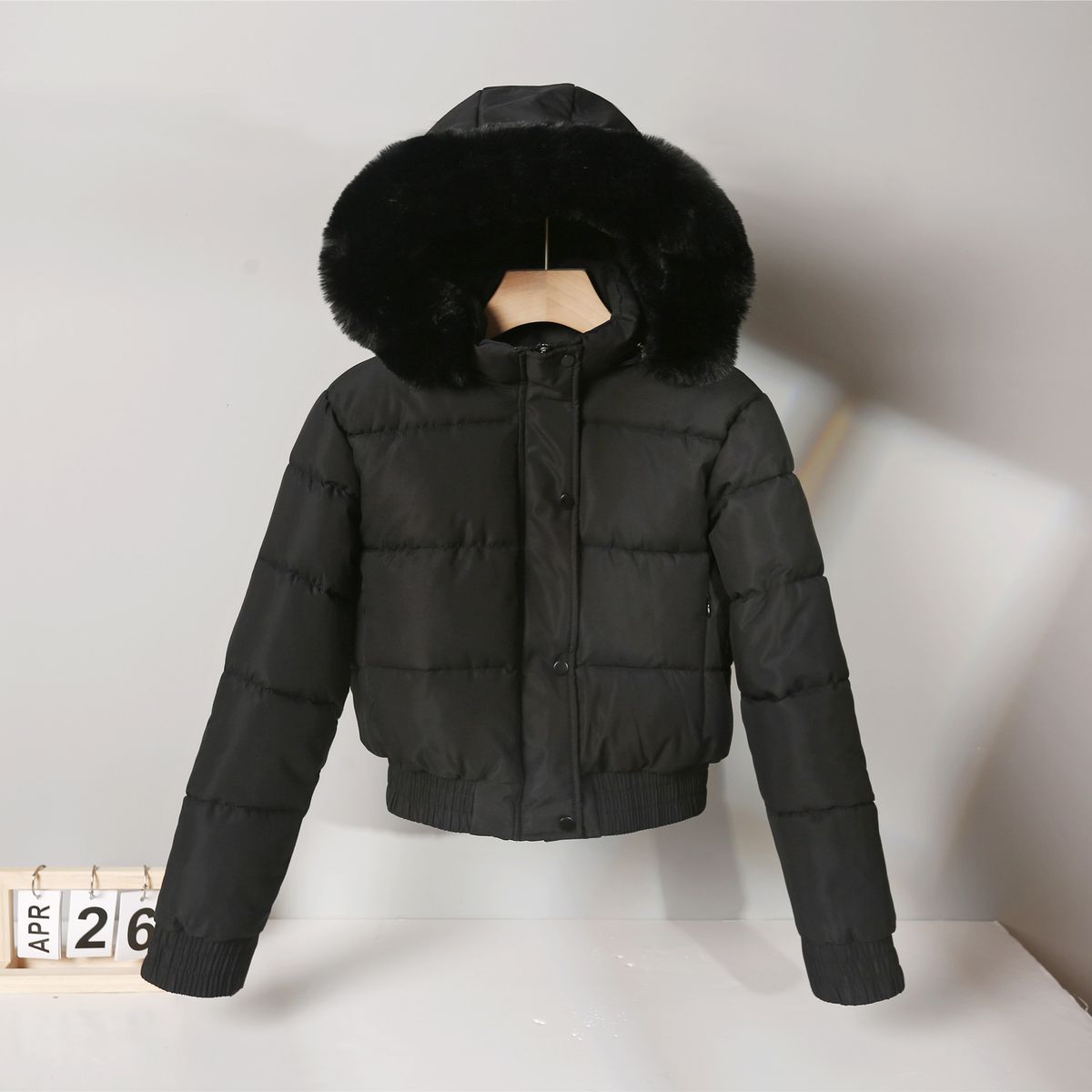 Women's Short Puffer Jacket With Hood & Faux Fur Trim - Warm Fleece-Lined Winter Coat For Petite, Casual Outerwear In Black/Beige/Khaki/Brown_ecoleips.com