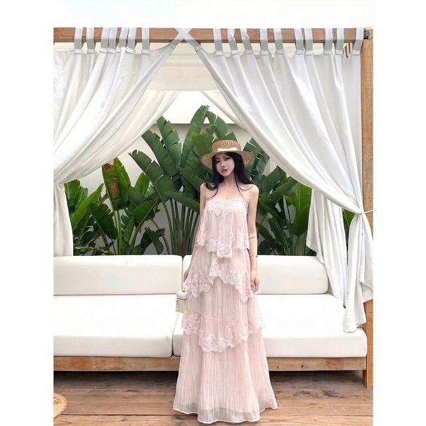 Pink Irregular Lace Camisole Cake Dress Women's Summer 2026 Loose Flowing Design Gentle Beachy Feel Unique Beautiful_ecoleips.com
