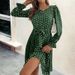 Elegant Polka Dot Crew Neck Long Sleeve Pleated Dress Women Self Tie Waist Office Daily Commuter Dresses_ecoleips.com
