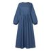 Muslim Dress Women Bohemian Denim Maxi Dress – Round Neck Long Sleeve Loose Fit Casual Elegant Dress (Black/Navy Blue/Bluish, S-2XL)_ecoleips.com