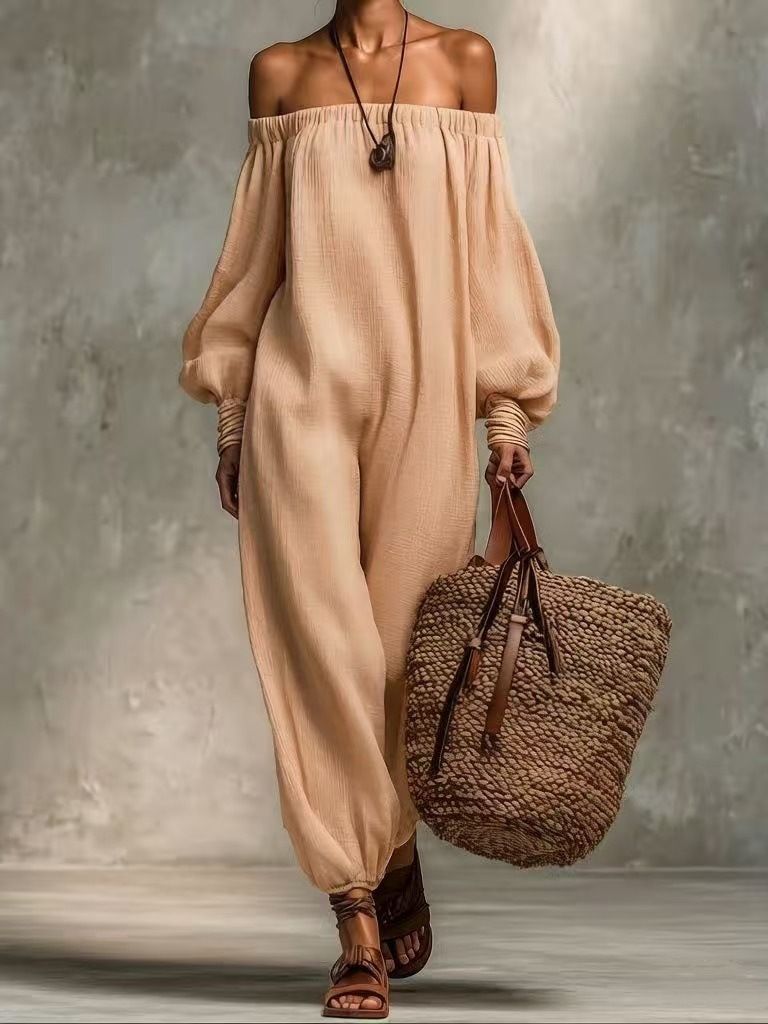 Women's Clothing Women's Solid Color Cotton Linen Jumpsuit Off-Shoulder Long Sleeve Loose Casual Harem Pants Summer_ecoleips.com