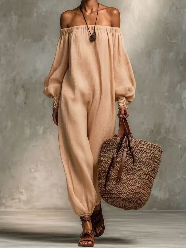 Women's Clothing Women's Solid Color Cotton Linen Jumpsuit Off-Shoulder Long Sleeve Loose Casual Harem Pants Summer_ecoleips.com