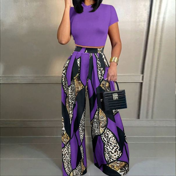 Color Blocked Two Piece Set for Women European American Style High Neck Short Sleeve Cropped Top Leopard Print Argyle High Waisted Wide Leg Pants_ecoleips.com