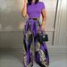 Color Blocked Two Piece Set for Women European American Style High Neck Short Sleeve Cropped Top Leopard Print Argyle High Waisted Wide Leg Pants_ecoleips.com