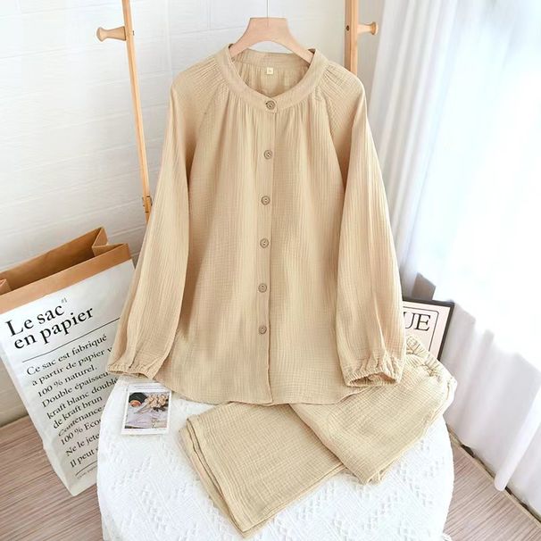 Women's Clothing Soft Cotton Waffle Lounge Set For Women - Breathable Long Sleeve PJ Set With Stand Collar, Minimalist Loungewear For Home & Outing_ecoleips.com