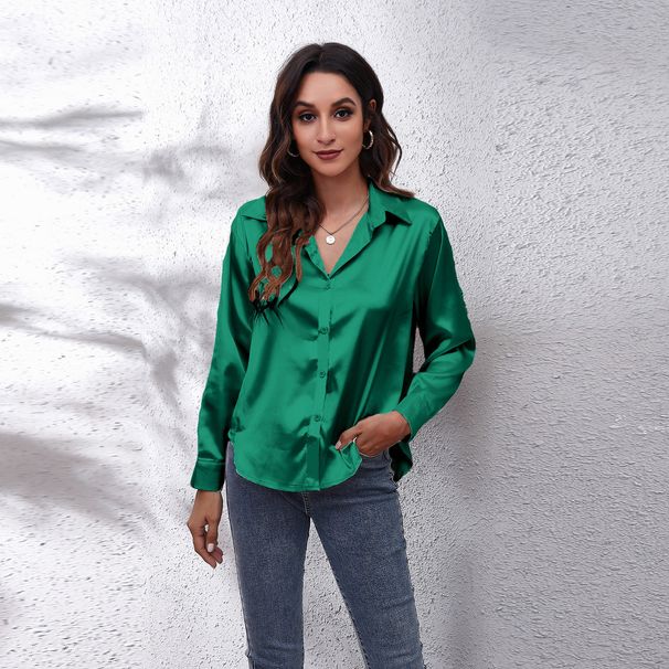 Satin-Like Long Sleeve Shirt – Polyester Blend Button-Down Blouse For Work & Evening (18 Colors, S-2xl)_ecoleips.com
