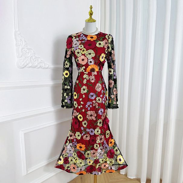 Women's Clothing Colorful Embroidery Handmade Three Dimensional Flower Slim Fishtail Skirt Temperament Dress_ecoleips.com
