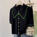 Women's French Retro Style Collared Knit Sweater Color Block Short Sleeve Top Summer Design_ecoleips.com