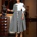 Women's Elegant Print-Paneled Dress | Afro-Chic Short Sleeve A-Line Midi Dress | High Waist Floral & Geometric Fusion (Red/White/Blue, S-XXXL)_ecoleips.com