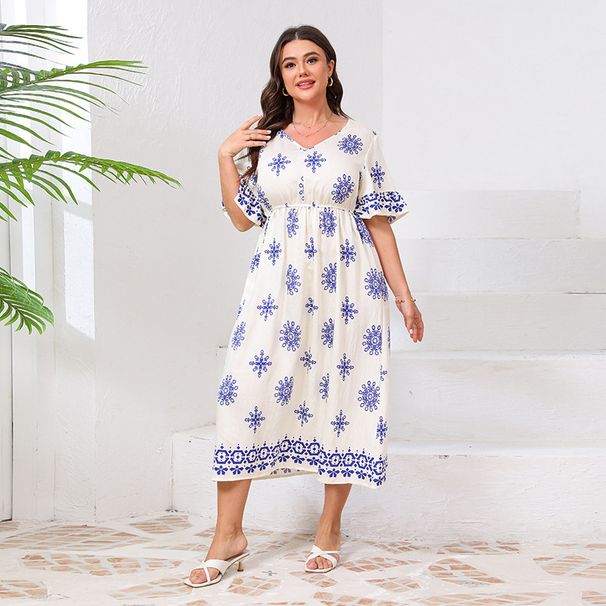 Women's Clothing Loose Large Size Trumpet Sleeve V Neck Dress Seaside Holiday Fresh Print Mid Length Skirt_ecoleips.com