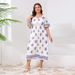 Women's Clothing Loose Large Size Trumpet Sleeve V Neck Dress Seaside Holiday Fresh Print Mid Length Skirt_ecoleips.com
