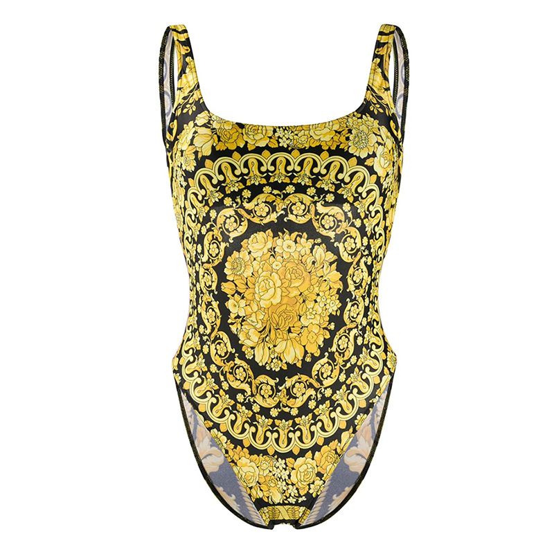 Sexy Deep Back Cutout One-Piece Swimsuit – High-Leg & Adjustable Straps (M-XL, Gold Print, Polyester)_ecoleips.com