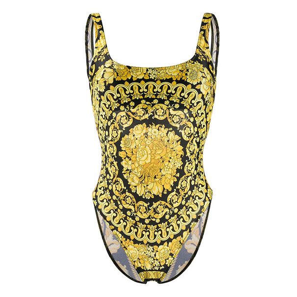 Sexy Deep Back Cutout One-Piece Swimsuit – High-Leg & Adjustable Straps (M-XL, Gold Print, Polyester)_ecoleips.com