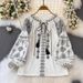 Women's Ethnic Style Embroidered Top Tie Waist Loose Fit Slimming Lantern Sleeves Super Cute Versatile Spring 2025_ecoleips.com