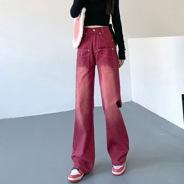American Retro Red Jeans, Straight Loose Fit, Trendy Design, High-waisted, Slimming, Wide-leg Long Pants For Women_ecoleips.com