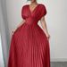 Women's Pleated Dress Solid Color Short Sleeve Long Skirt For Everyday Wear And Commuting Spring New Style Easy To Match_ecoleips.com