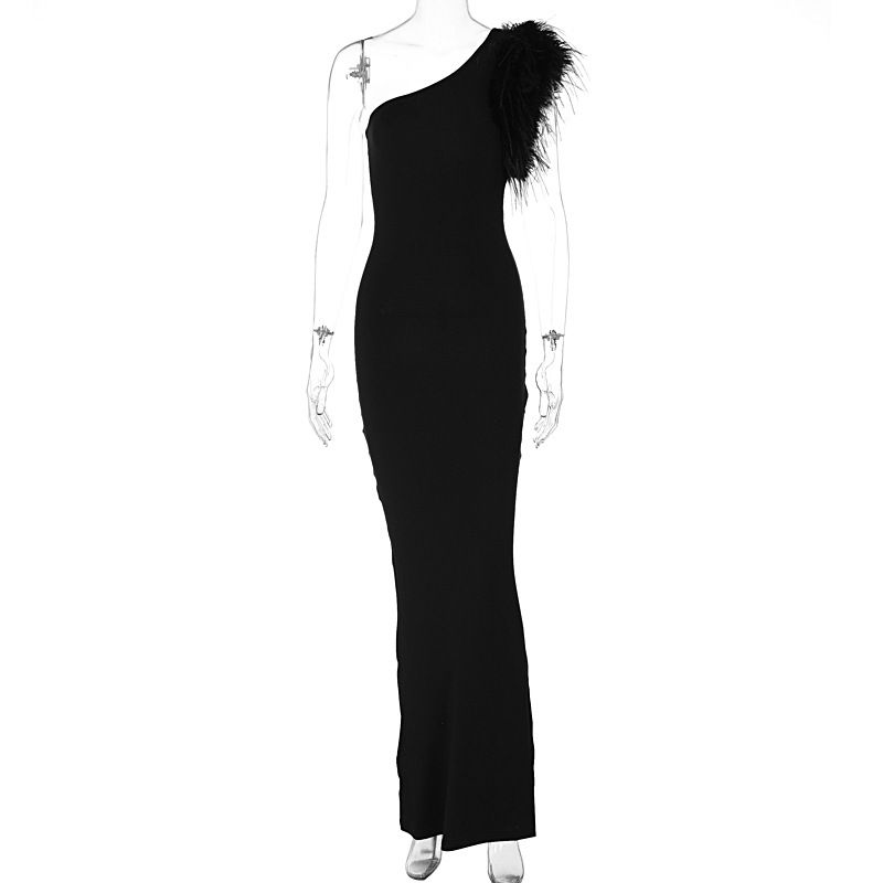 New Style Elegant Noble Solid Color Asymmetric Shoulder Feather Slim Fit Long Evening Dress For Women_ecoleips.com