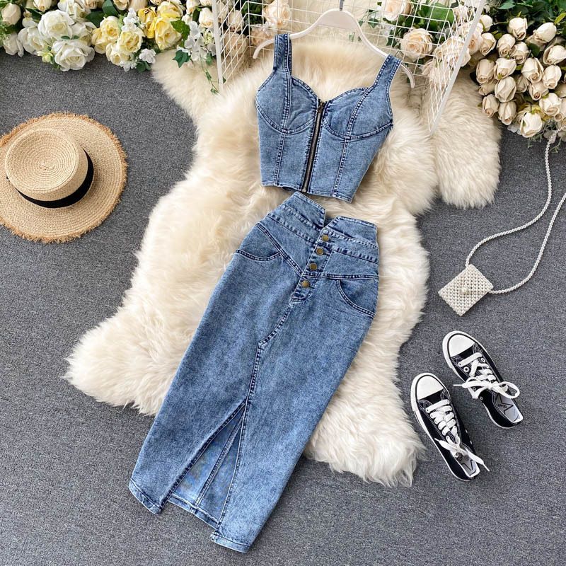 Women's Sexy Short Camisole High Waist Denim Skirt_ecoleips.com