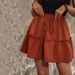 Voya New Women's Fashion Casual Woven Design Half Skirt Pleated Solid Color Cake Short Skirt_ecoleips.com