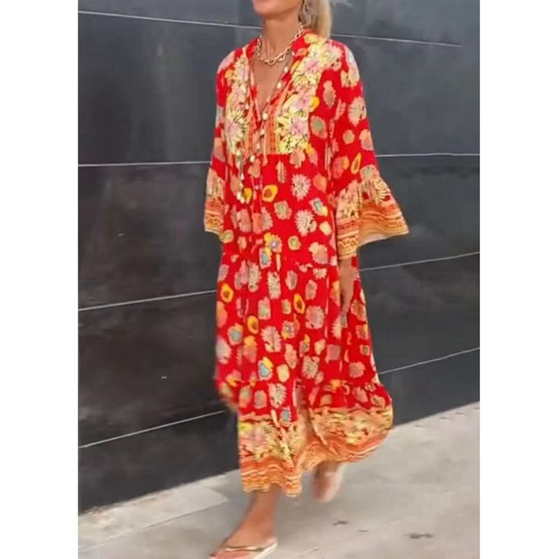 Women's Clothing Spring And Autumn New Women's Dress Printed Swing Temperament Floral Slim Long Skirt_ecoleips.com