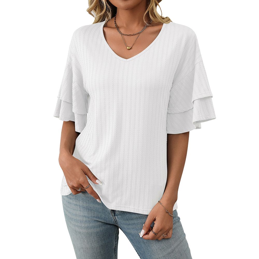Women's Solid Color V-Neck Short Sleeve Top With Flutter Sleeves, Soft Casual Blouse For Everyday Wear_ecoleips.com