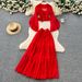 Women's French Style Red Ruffled Bell Sleeve V Neck Blouse And High Waisted Skirt Set Resort Inspired Two Piece Perfect For Autumn_ecoleips.com
