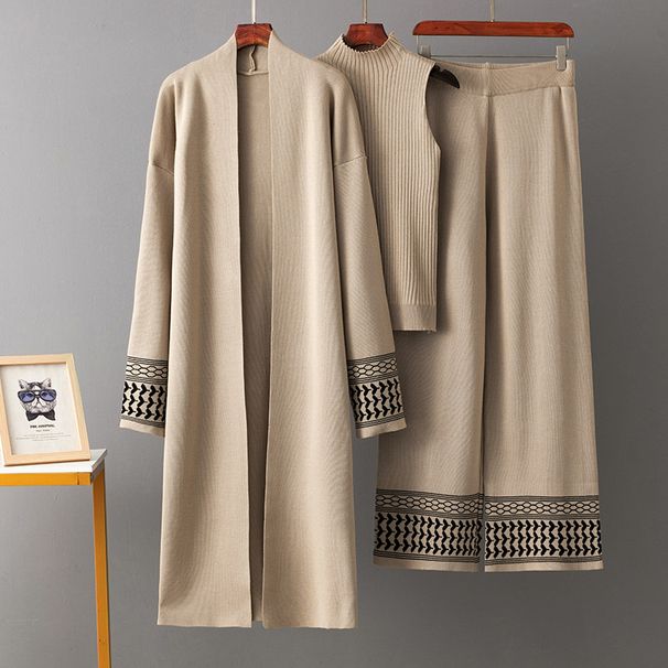 European And American Style Women's Three Piece Suit Set with Shawl Jacket round Neck Base Knit Top And Wide Leg Trousers Casual Jacquard_ecoleips.com