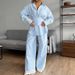 Women's Patchwork Three Piece Set With Lace Trim Long Sleeved Shirt Wide Leg Trousers Lapel Collar_ecoleips.com