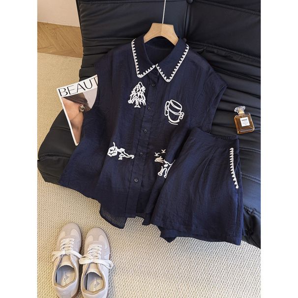 European Linen Embroidered Top And Pants For Women 2025 Summer New Turn-Down Collar Sleeveless Shirt + Shorts Two-Piece_ecoleips.com