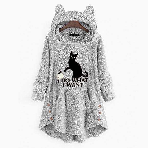 Women's Fleece Hooded Sweatshirt Winter Warm Pullover Long Sleeve Casual Loungewear Cat Print Plus Size_ecoleips.com