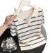 Elegant Women's Ice Silk Knit Top French Striped Collared Short Sleeved T-Shirt New Summer Style Beautiful And Youthful_ecoleips.com