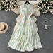 French Style Slim Waist Printed Chiffon Dress Elegant And Graceful A-Line Skirt New Summer Resort Wear_ecoleips.com