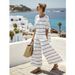 Summer Women's 3D Printed Striped Color Block Top Mid Sleeve Round Neck Casual Mid Waist Straight Suit American Style_ecoleips.com