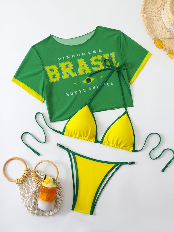 Slim Fit Two Piece Swimsuit Cross Border Foreign Trade Short Sleeved Printed Design Sexy Bikini Three Piece Set 2025_ecoleips.com