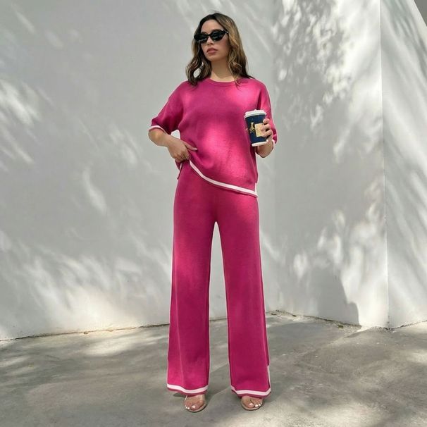 Women's Elegant Color Block Split Short Sleeve Knit Top And Slim Wide Leg Trousers Fashion Set Two Piece Casual Outfit_ecoleips.com