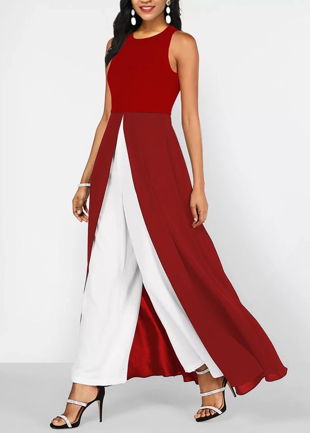 Women's Clothing Milk Silk Splicing Chiffon One Piece Slim Fit Round Neck Sleeveless Milk Silk Solid Color Jumpsuit_ecoleips.com