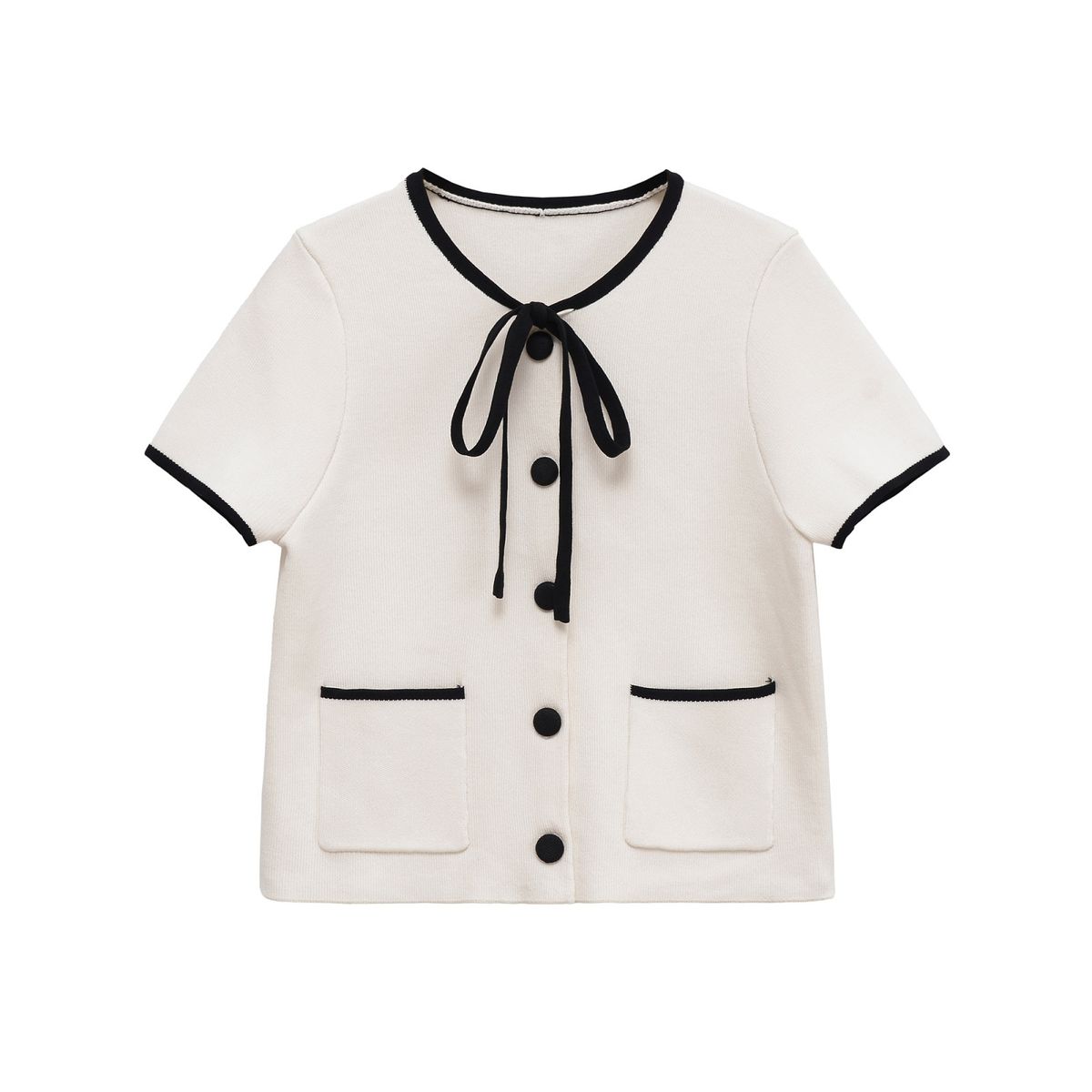 Fashion Women's Short Sleeve Knit Top With Contrast Trim - Round Neck, Breathable Polyester, Casual & Elegant (White, S/M/L)_ecoleips.com