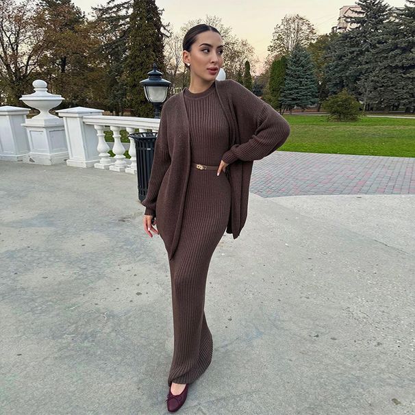 Oversized Knit Sweater Dress Set - Cozy Long Sleeve Lounge Dress With Slit Skirt, Soft Polyester Blend For Autumn/Winter Casual_ecoleips.com