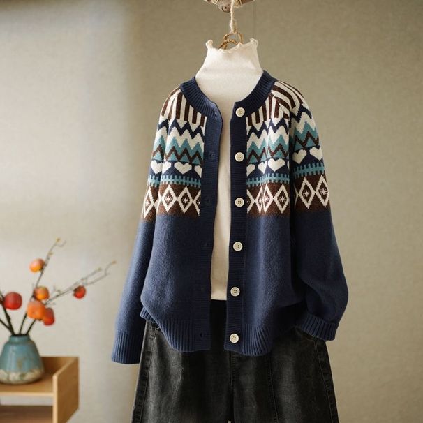 Women's Clothing Autumn And Winter Women's Retro Love Jacquard Round Neck Sweater Women's Loose Ethnic Style Sweater Cardigan Jacket Women's_ecoleips.com