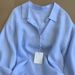 French Style Linen-Blend Blue Shirt For Women - Vintage Loose Fit Long Sleeve Casual Top With Sun Protection_ecoleips.com