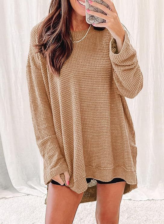 Fashionable, Pure-Color Waffle-Patterned Loose-Sleeved Top With Round Collar And Slit For Women_ecoleips.com