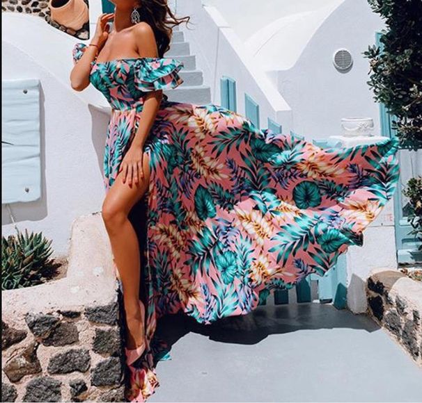Summer Sexy Bandeau Print Maxi Dress Women's Cross-Border European American Style Clothing_ecoleips.com