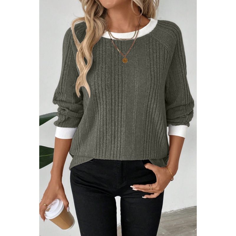 Autumn And Winter Fake 2 Pieces Round Neck Long Sleeve Solid Color Rib Fabric Warm Sweater T-Shirt Top Wholesale_ecoleips.com
