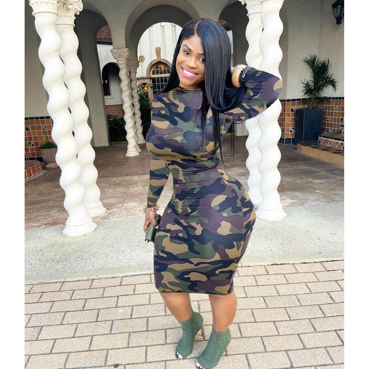 Women's Camouflage Dress European American Style Round Neck Long Sleeve Elegant Slimming Fashionable_ecoleips.com