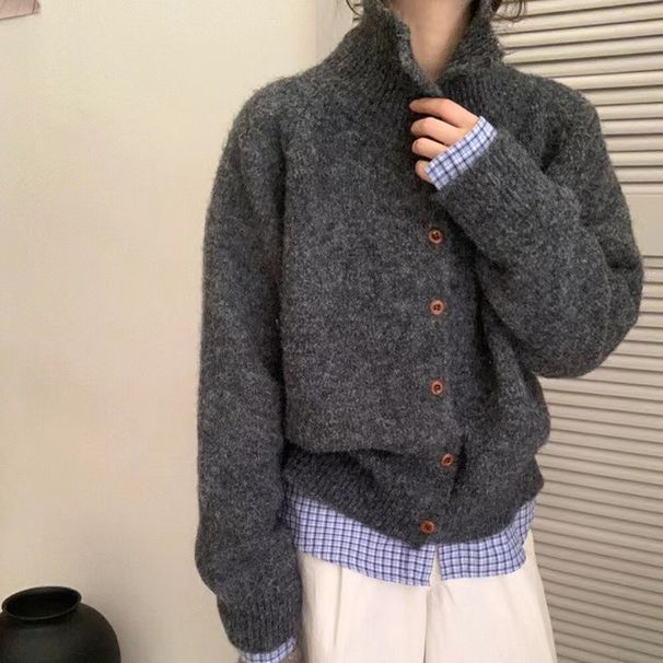 High-Neck Button Cardigan – Oversized Knit Sweater Coat (Cozy & Fluffy, Solid Oat/Green/Yellow/Maroon/Grey, Layering Essential)_ecoleips.com